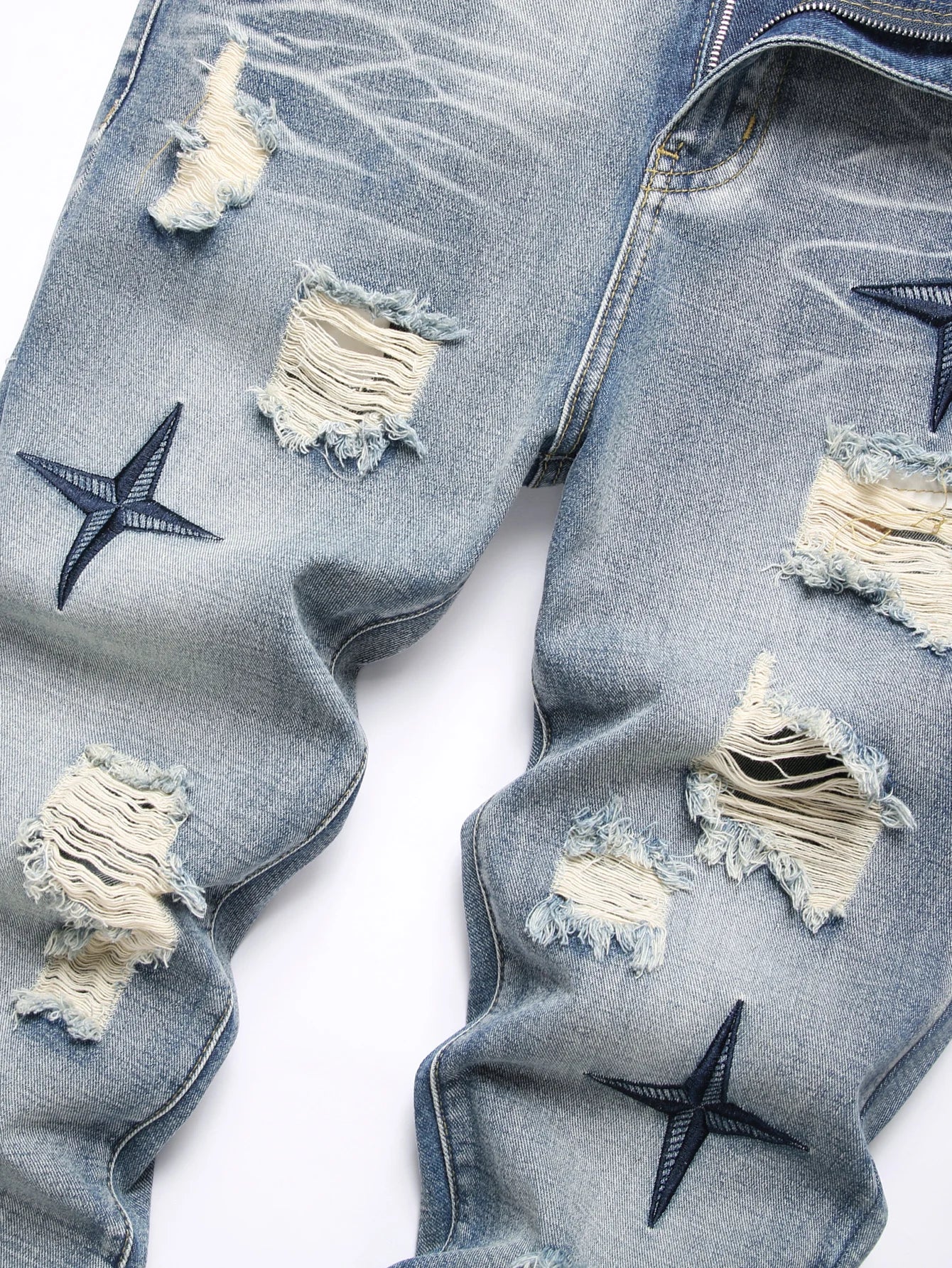 Mid Waist Pants Men's Clothing Straight Vintage Washed Distressed Blue Ripped Jeans with Cross Star Design Spring Y2K Clothes