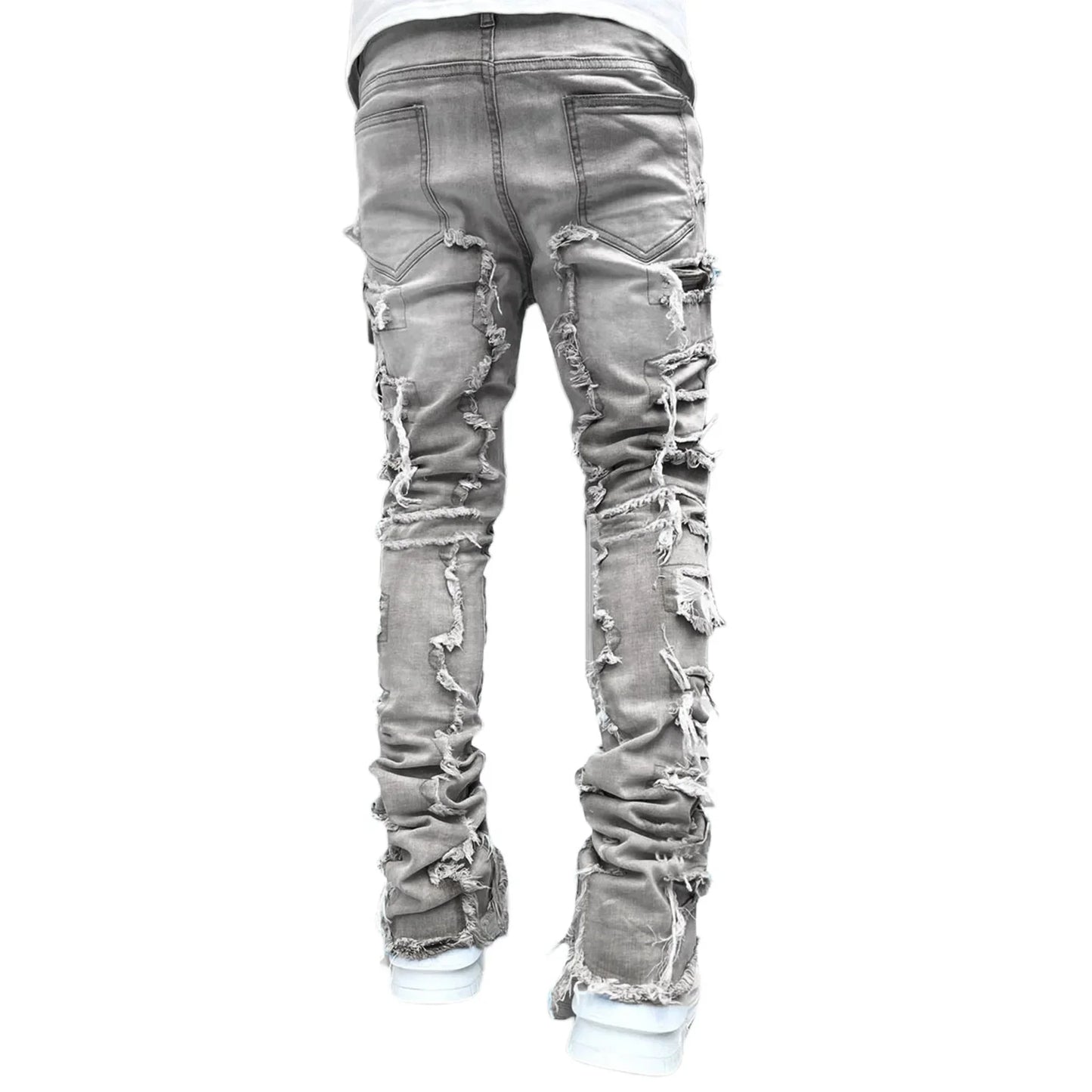 Stretchy Vintage Blue Stacked Jeans For Men Premium Raw Frayed Denim Destroyed Washed Patchworks Pants New
