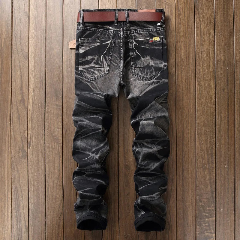 2025 Men's Fashion Vintage Jeans Slim Straight Leg Tie Dye Pleated Biker Denim Pants Male Casual Pants Oversized 42 High Quality