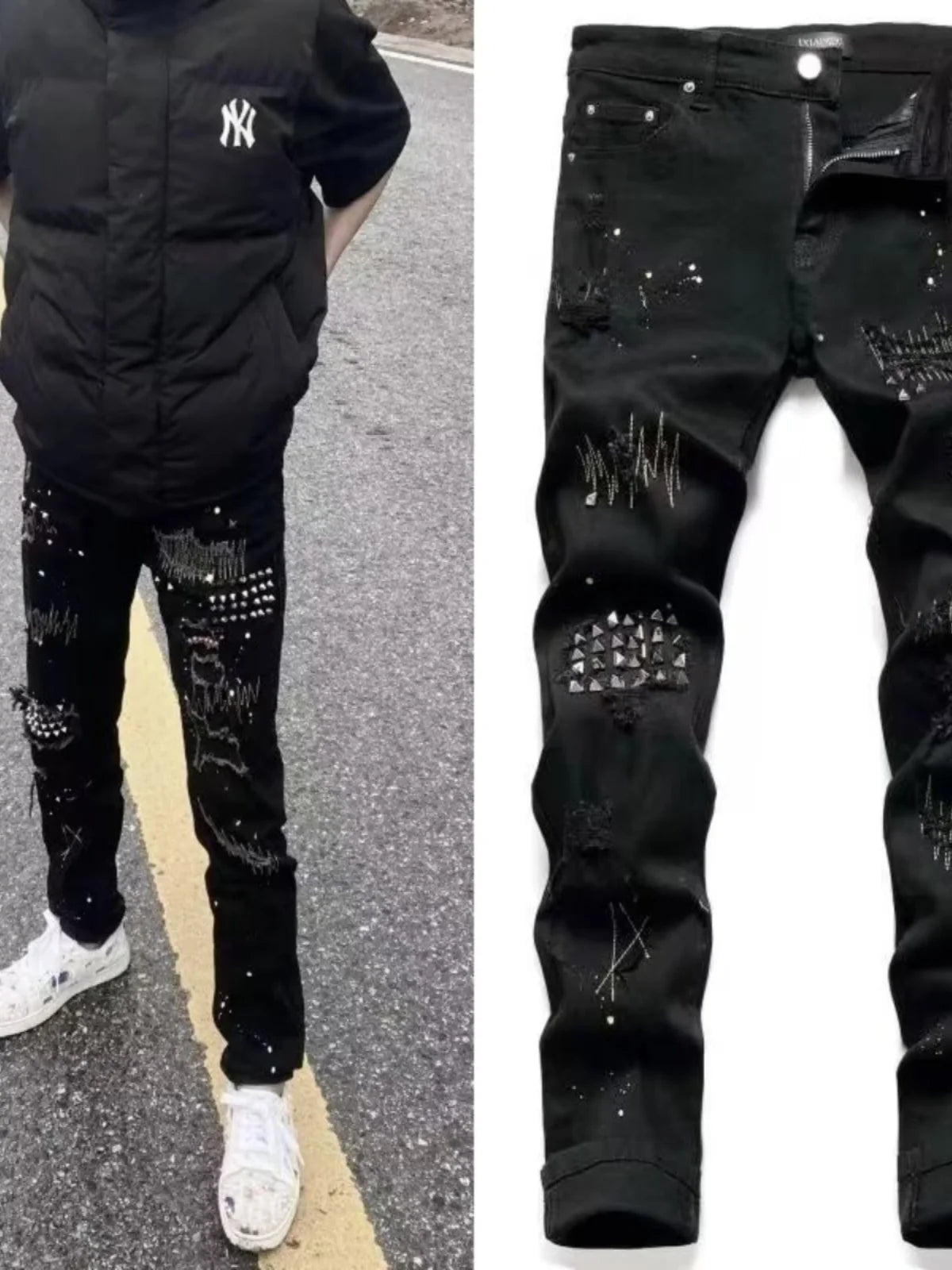 Ele Bla Embroidered Men's Jeans Spring Autumn Faion Brand High Elastici Sli Rivet Painted Slim Fit Casual Jeans