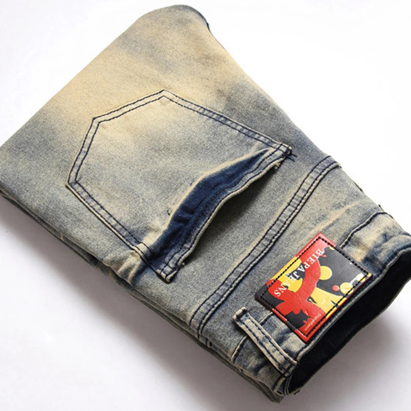 2024 new Men's jeans 3373 Vintage blue jeans ripped trend stretch slim skull pants all men's pants