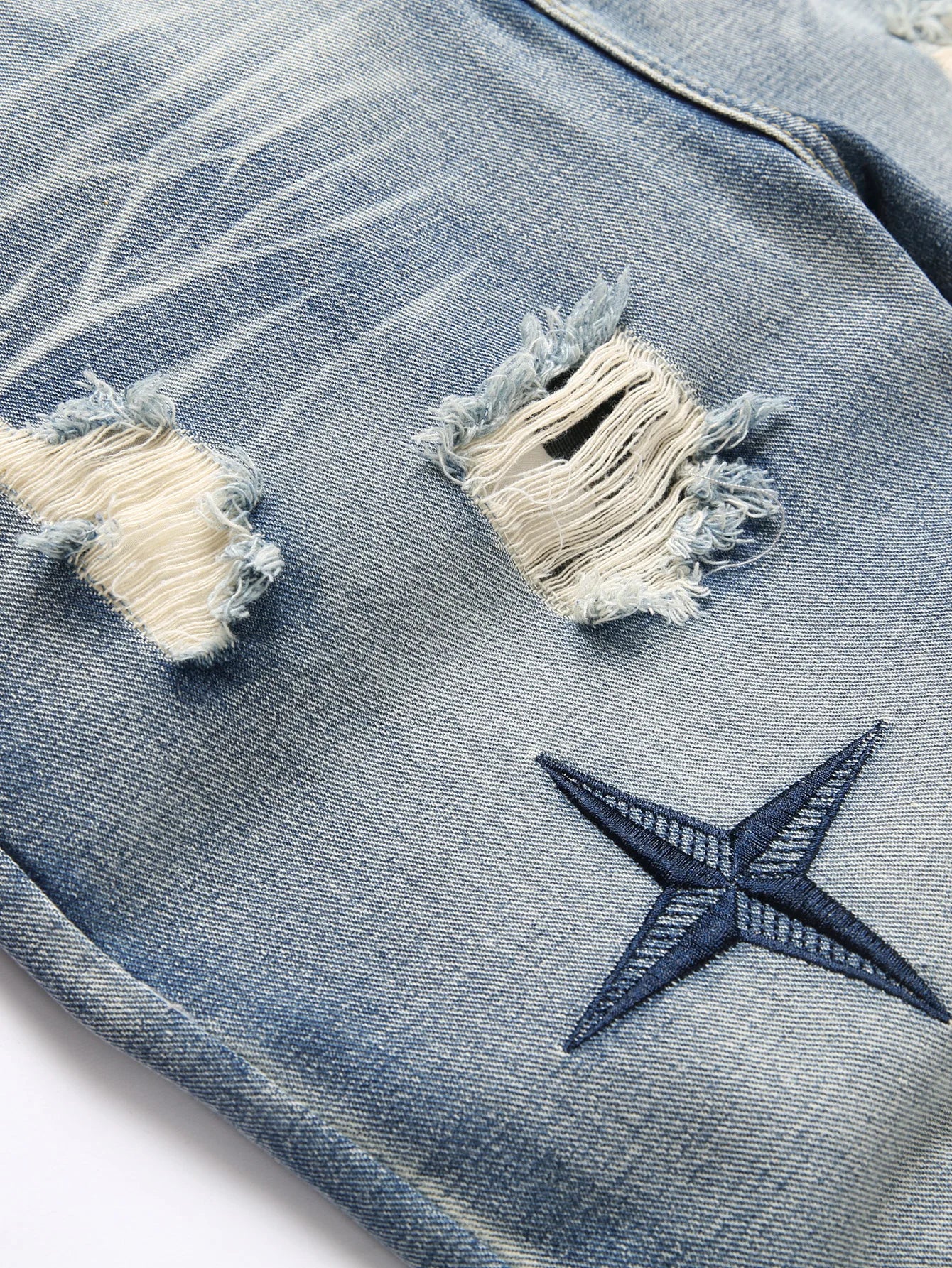 Mid Waist Pants Men's Clothing Straight Vintage Washed Distressed Blue Ripped Jeans with Cross Star Design Spring Y2K Clothes