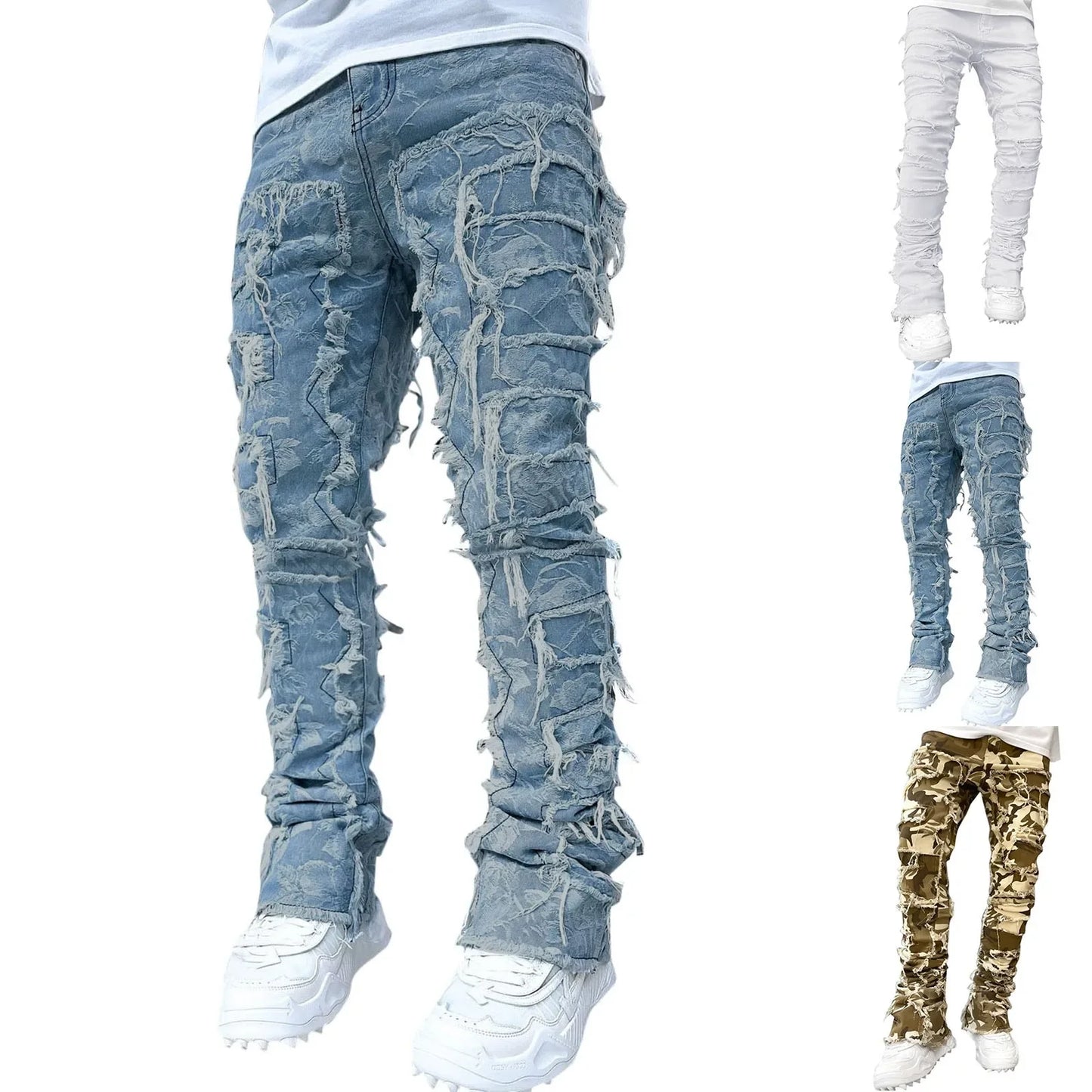 Creative Tassels Decoration Straight Fit Jeans Men Casual Medium Stretch Street Style Classic Man Straight Denim Wide-Leg Pants