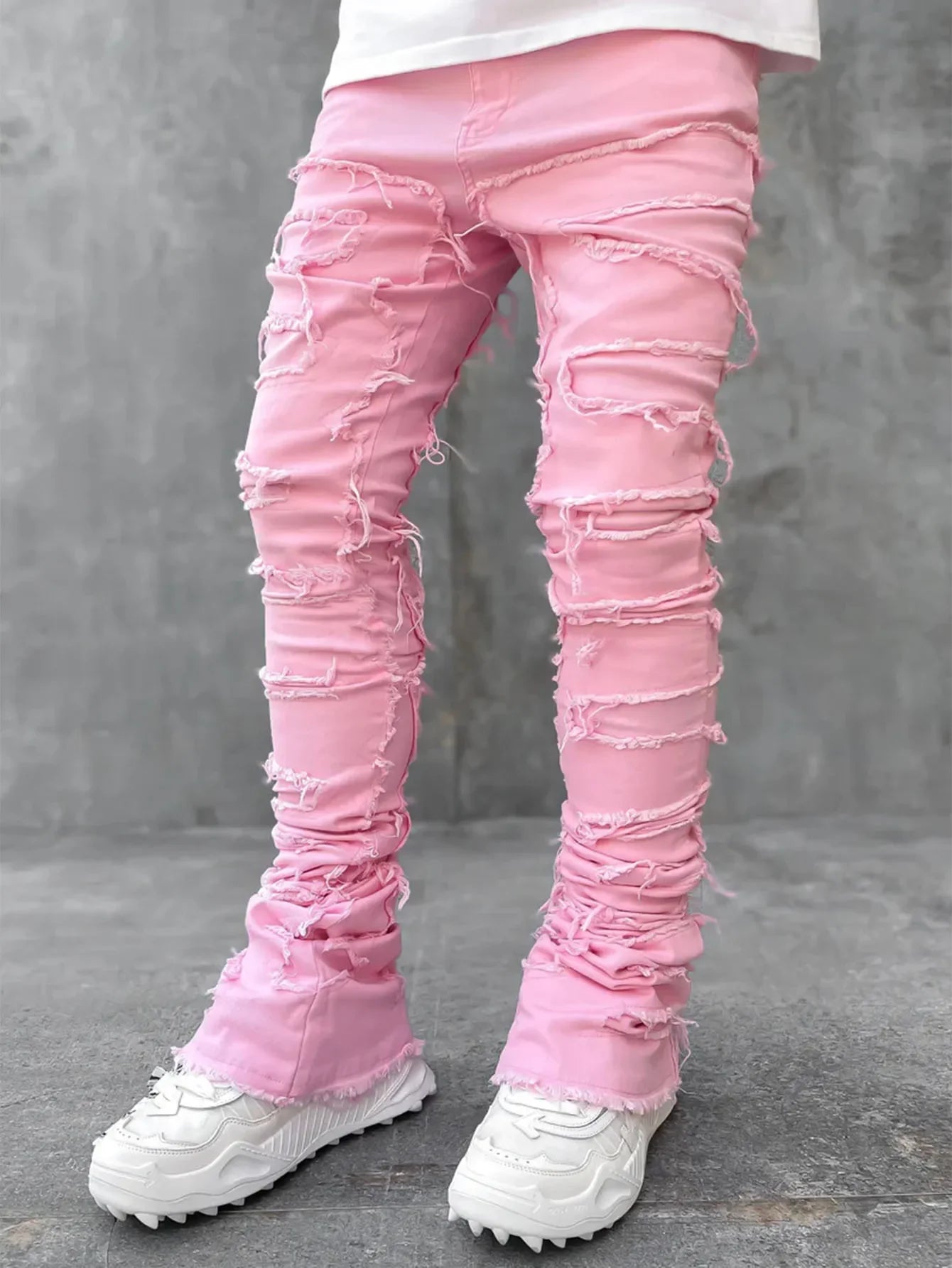 Stretchy Vintage Blue Stacked Jeans For Men Premium Raw Frayed Denim Destroyed Washed Patchworks Pants New