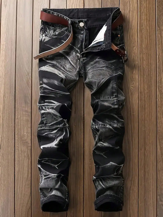 Men's Jeans Black And White Slim Fit Stretch Denim Pants Casual Mid Waist Spring Trousers