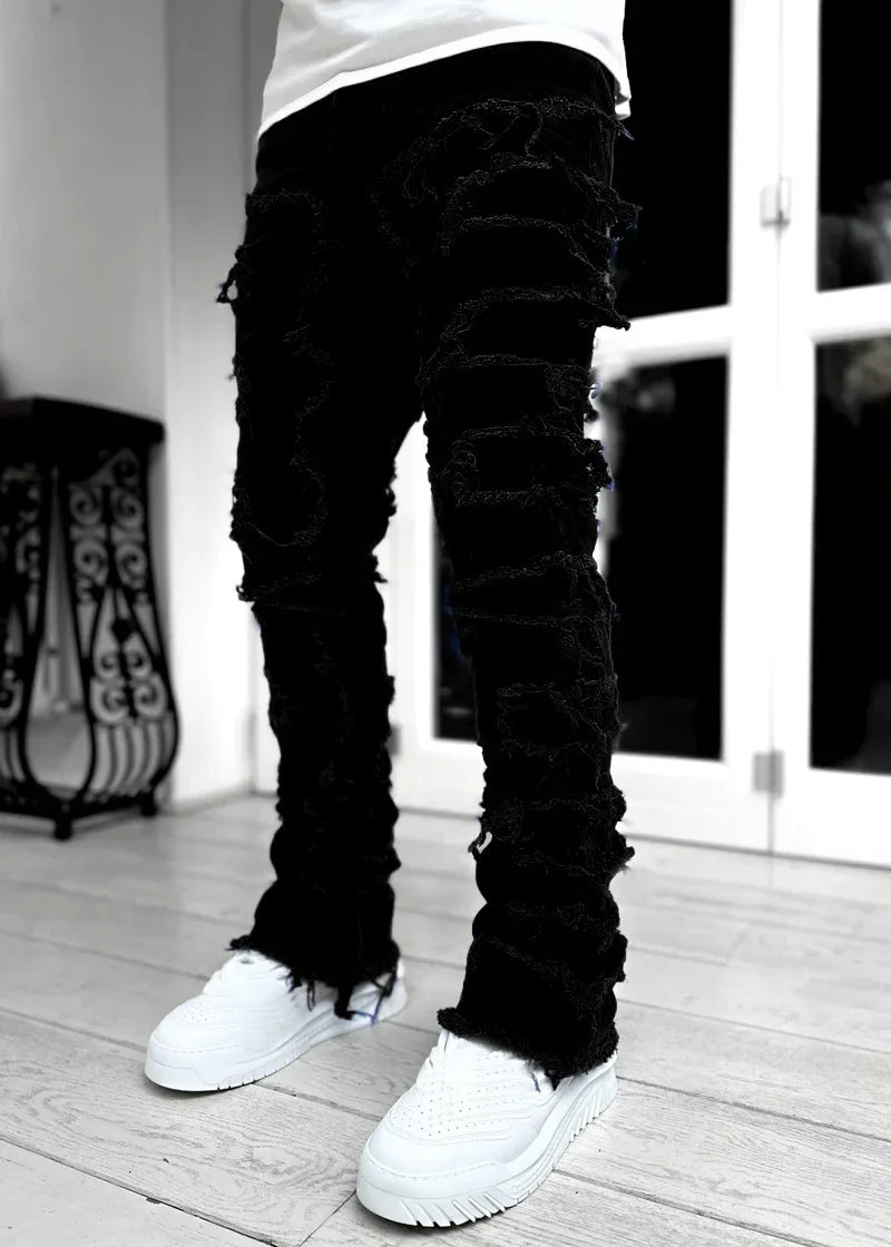 Stretchy Vintage Blue Stacked Jeans For Men Premium Raw Frayed Denim Destroyed Washed Patchworks Pants New