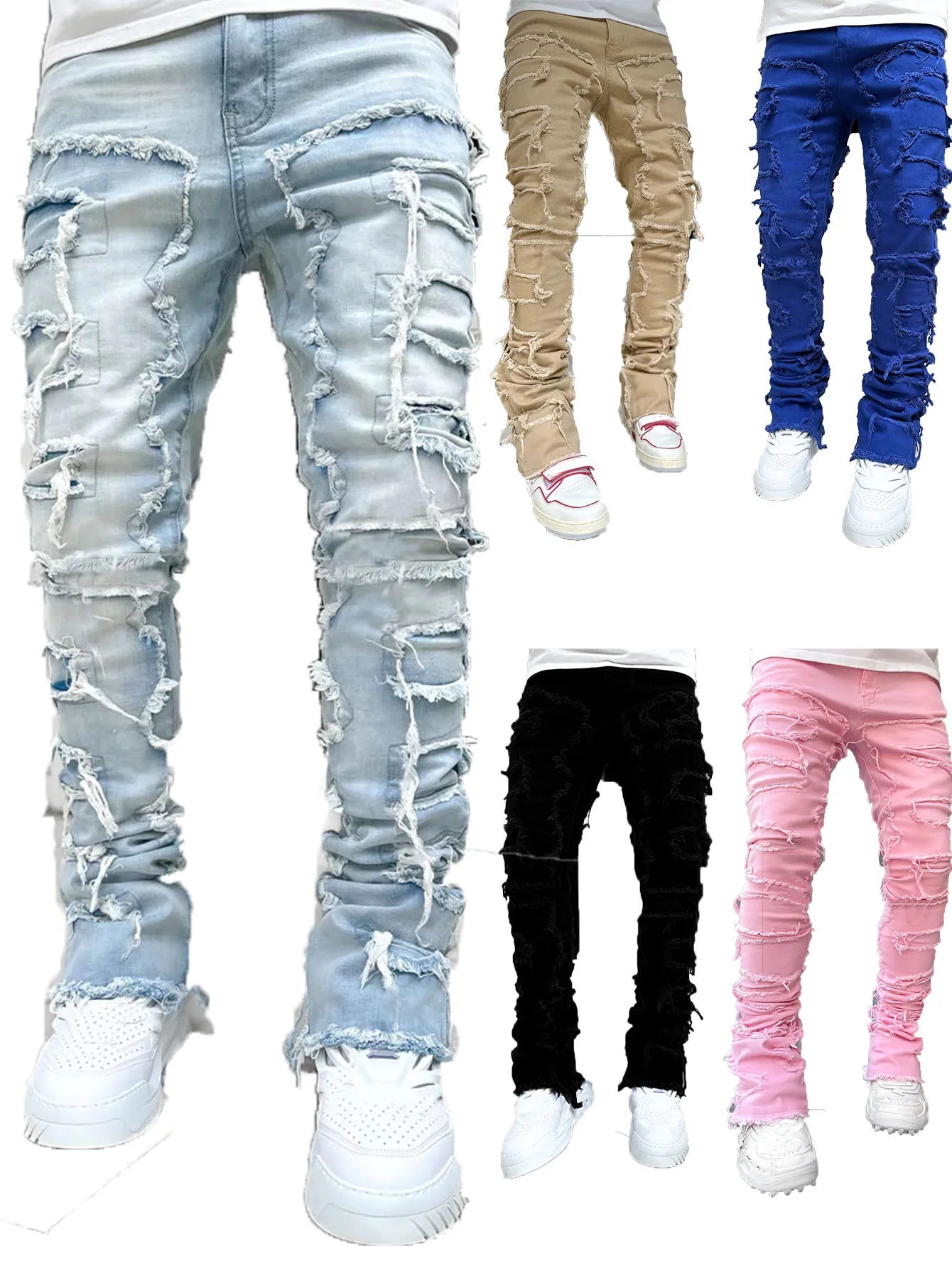 Kakan - New European and American Heavyweight Streetwise Stretch Patch Jeans for Men, High Street Straight Fit Long Jeans16-3001