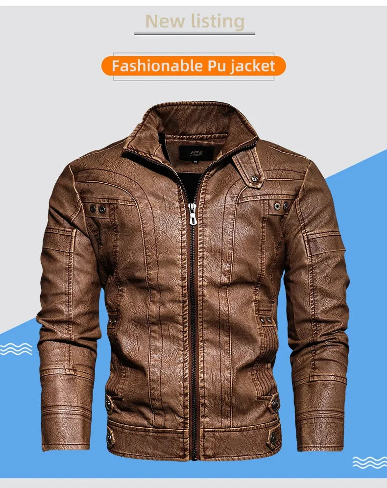 New Winter Mens Leather Jacket High Quality Standing Collar Warm Wool Lining Motorcycle Coat Male Slim Fit Retro Casual Jackets