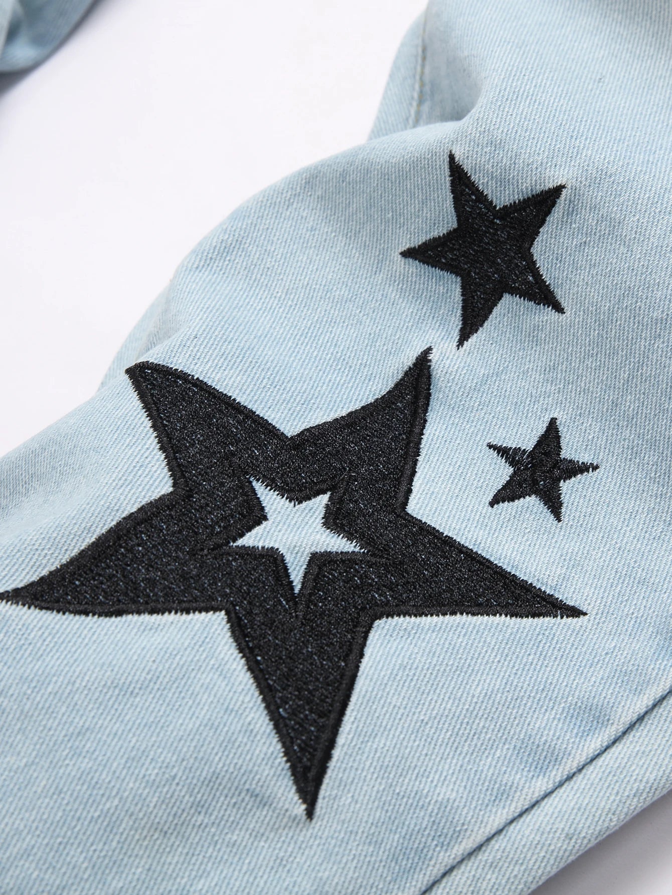 Y2K Men's Embroidered Star Blue Jeans Low Rise Straight Leg Distressed Ripped Streetwear Denim Pants Hip Hop