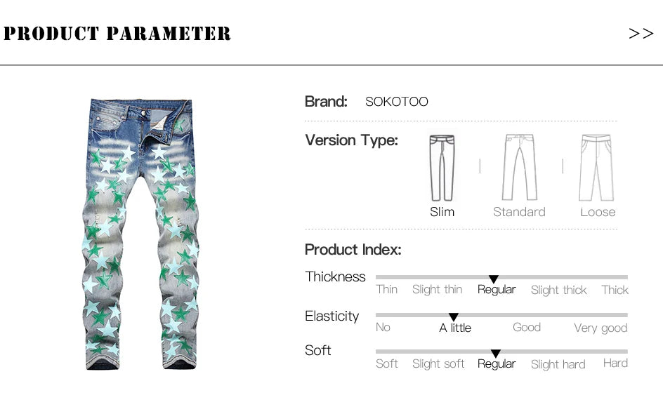 Men Leather Stars Patch Denim Jeans Streetwear Slim Tapered Pants Holes Ripped Distressed Stretch Cotton Trousers