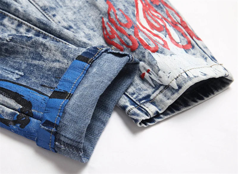 Men's jeans 3286 style Punk fried snow ripped applique fabric embroidery micro elastic small straight fit men's jeans