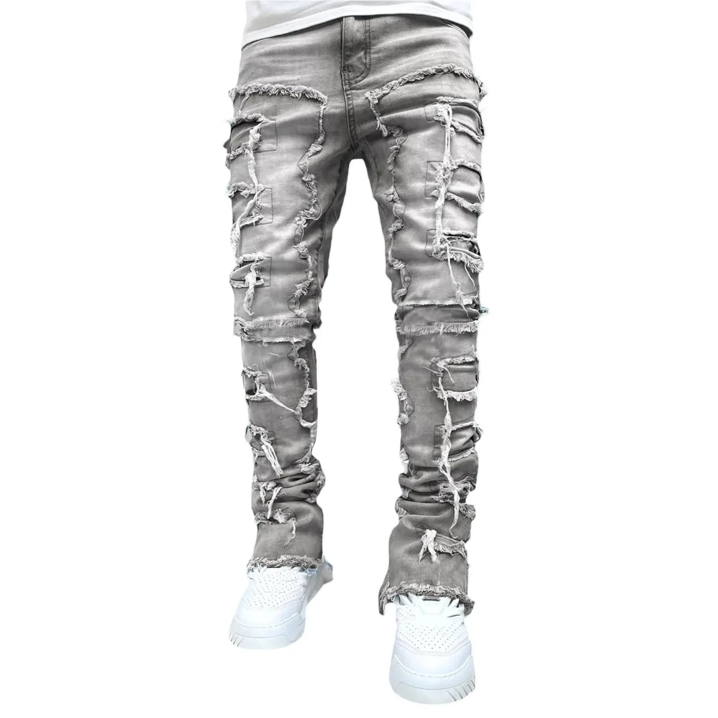 Stretchy Vintage Blue Stacked Jeans For Men Premium Raw Frayed Denim Destroyed Washed Patchworks Pants New