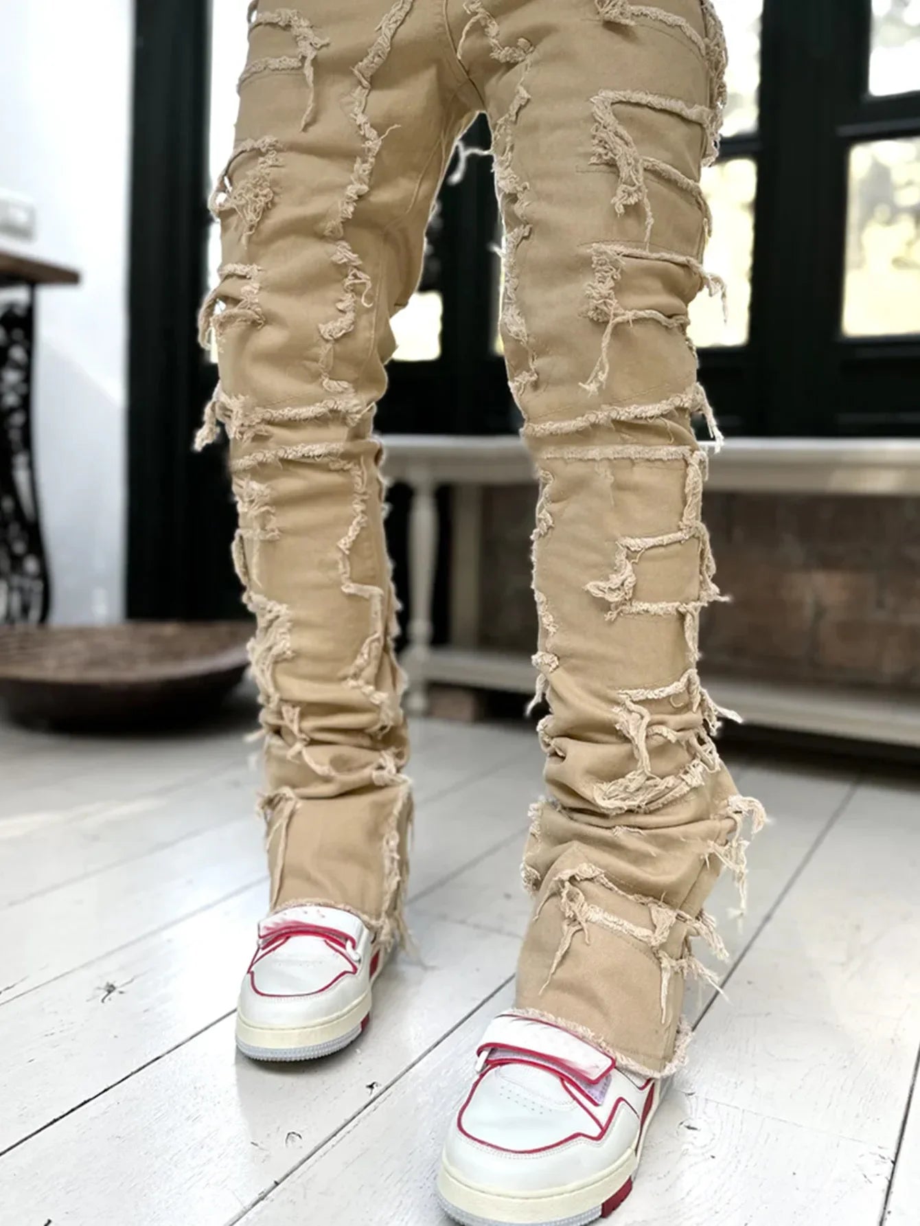 Stretchy Vintage Blue Stacked Jeans For Men Premium Raw Frayed Denim Destroyed Washed Patchworks Pants New