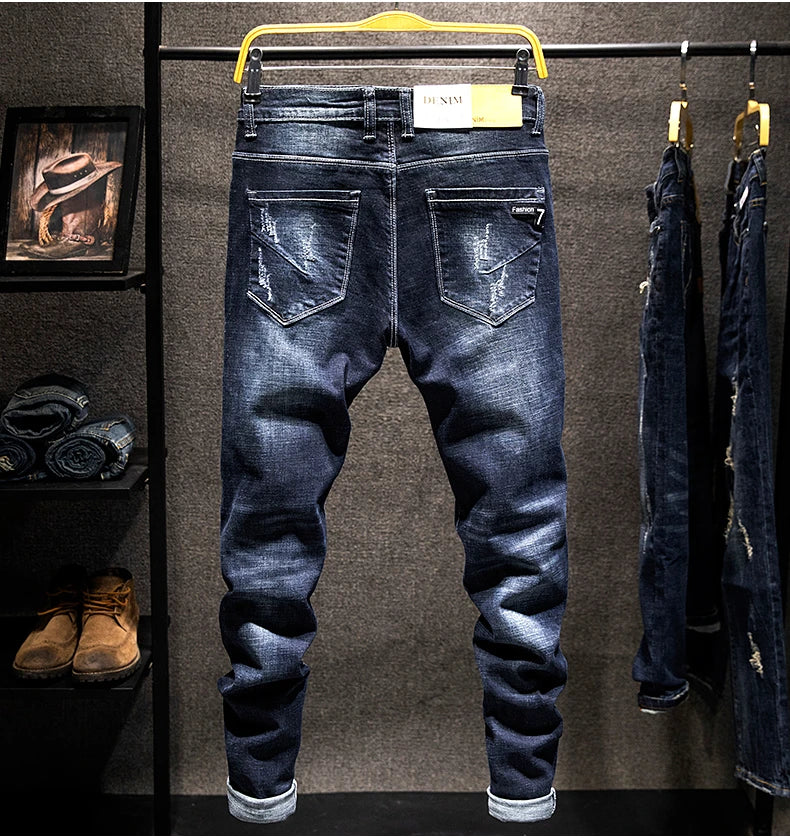 2025 New Ripped Jeans Men Slim-fit Denim Pants Cotton Korean Style Fashion Elasticity Versatile Blue Black Men's Clothing