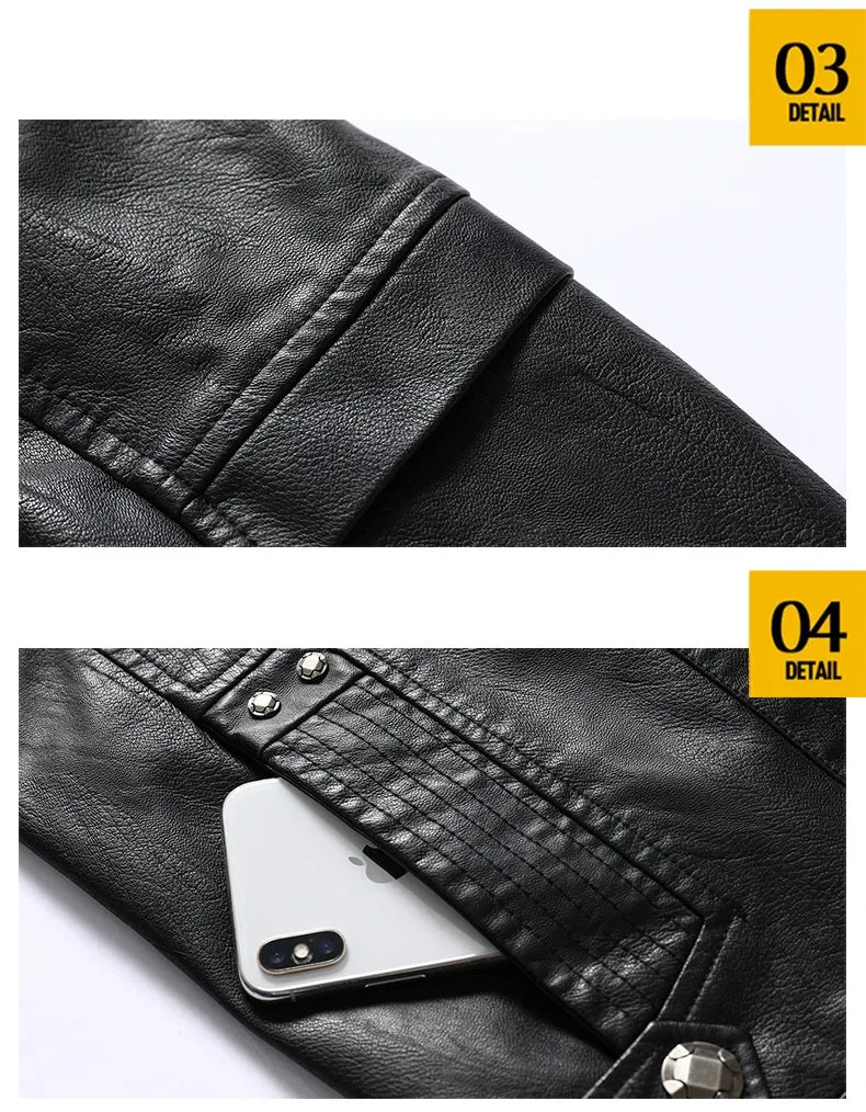 New Winter Mens Leather Jacket High Quality Standing Collar Warm Wool Lining Motorcycle Coat Male Slim Fit Retro Casual Jackets