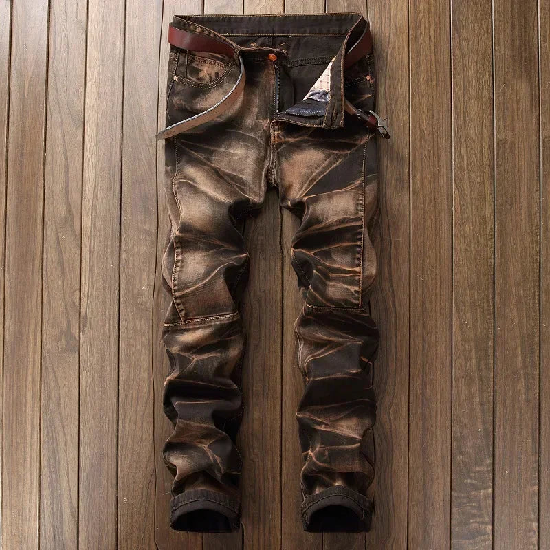2025 Men's Fashion Vintage Jeans Slim Straight Leg Tie Dye Pleated Biker Denim Pants Male Casual Pants Oversized 42 High Quality