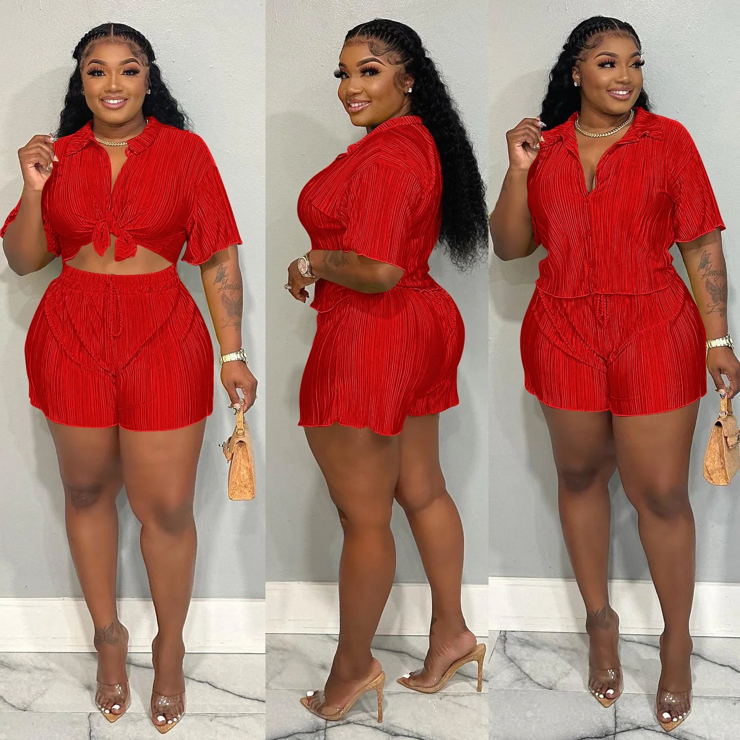 CM.YAYA Street Vintage Pleated Women's Set Short Sleeve Shirt Blouse and Shorts Suit 2023 INS Two 2 Piece Set Outfit Tracksuit