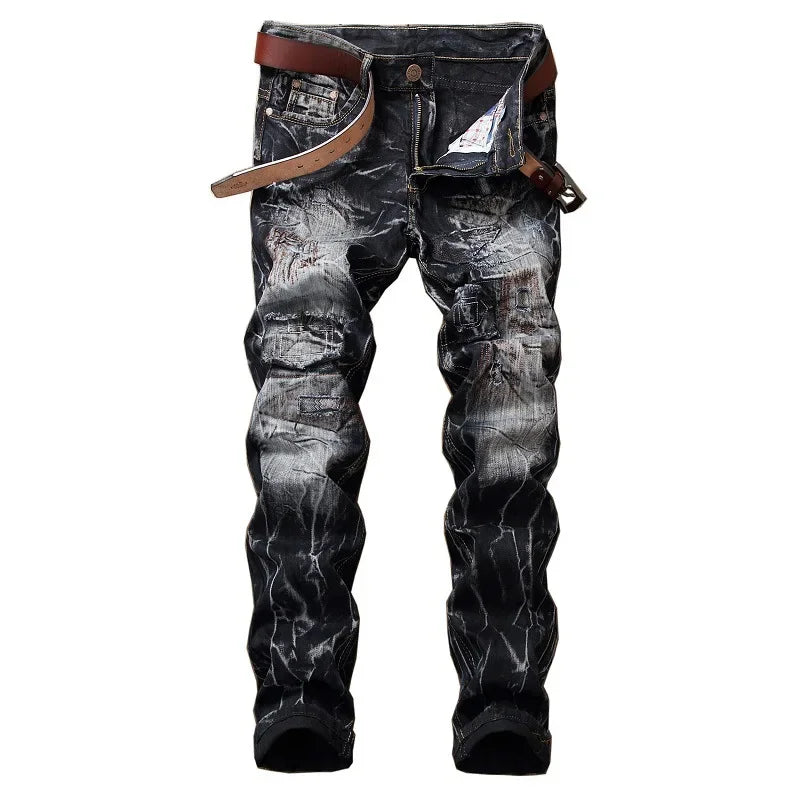 New Patchwork Ripped Casual Jeans Men's Street Wear Retro Distressed Motorcycle Slim Fit Straight Fashion Denim Trousers Male