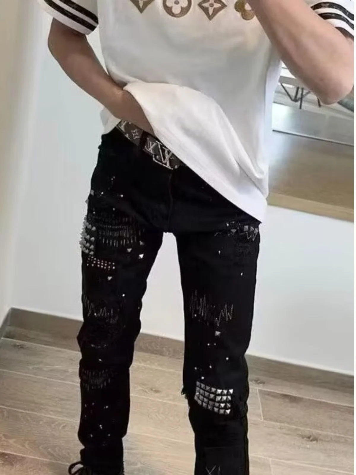 Ele Bla Embroidered Men's Jeans Spring Autumn Faion Brand High Elastici Sli Rivet Painted Slim Fit Casual Jeans