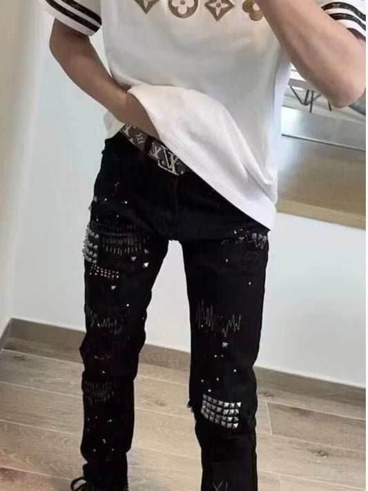 Ele Bla Embroidered Men's Jeans Spring Autumn Faion Brand High Elastici Sli Rivet Painted Slim Fit Casual Jeans