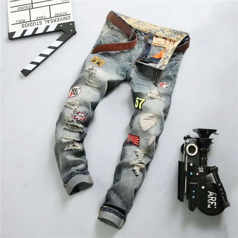 High Street Casual Motorcycle Jeans for Men (without Belt) Badge Distressed Straight-leg Slim-fit Ripped Denim Trousers Male