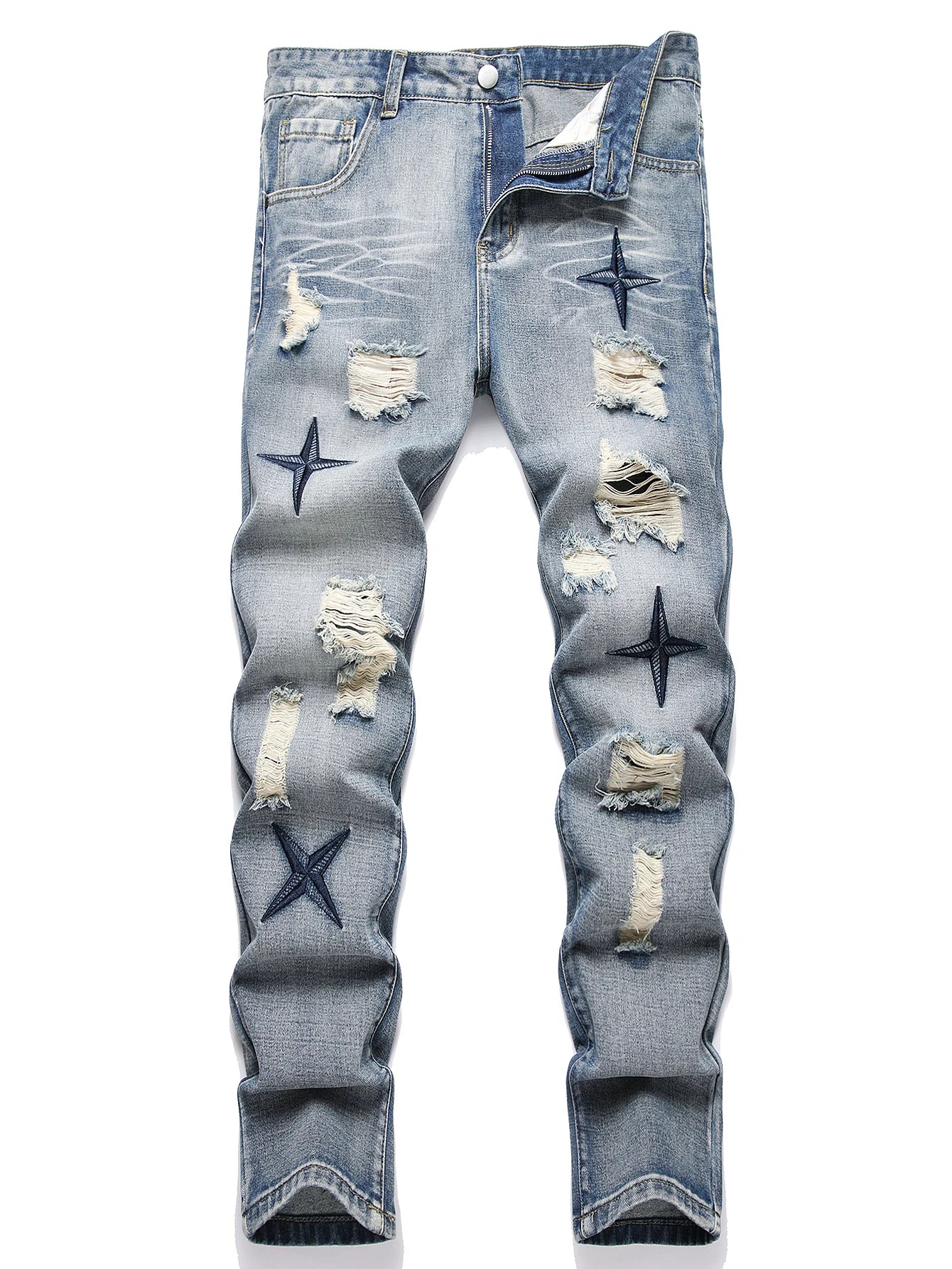 Mid Waist Pants Men's Clothing Straight Vintage Washed Distressed Blue Ripped Jeans with Cross Star Design Spring Y2K Clothes