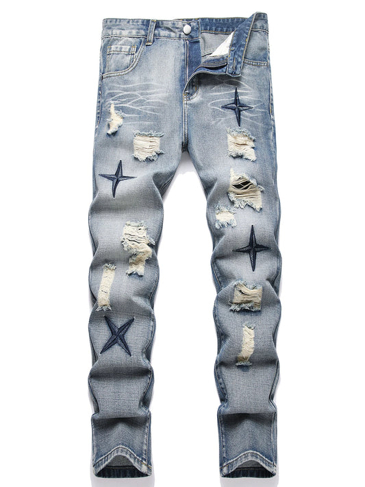 Mid Waist Pants Men's Clothing Straight Vintage Washed Distressed Blue Ripped Jeans with Cross Star Design Spring Y2K Clothes