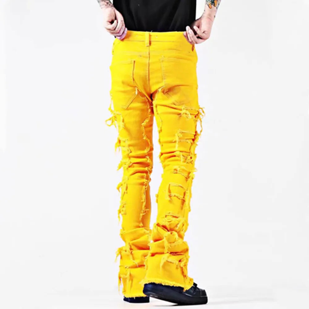 Kakan - New European and American Heavyweight Streetwise Stretch Patch Jeans for Men, High Street Straight Fit Long Jeans16-3001