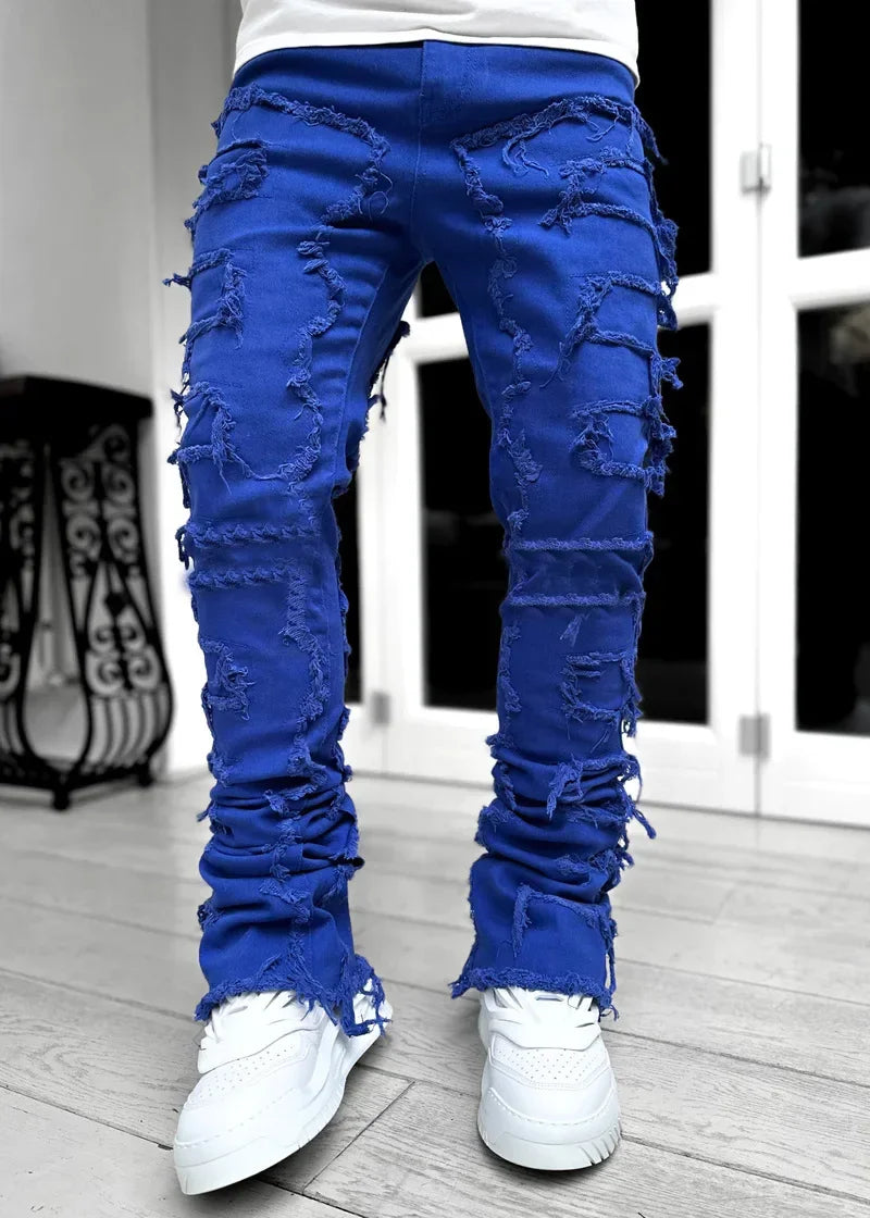 Stretchy Vintage Blue Stacked Jeans For Men Premium Raw Frayed Denim Destroyed Washed Patchworks Pants New