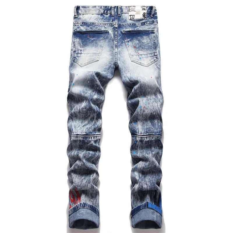 Men's jeans 3286 style Punk fried snow ripped applique fabric embroidery micro elastic small straight fit men's jeans