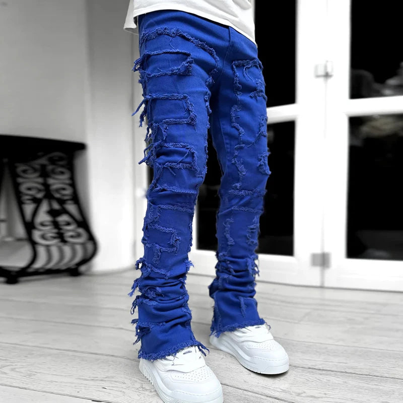 Kakan - New European and American Heavyweight Streetwise Stretch Patch Jeans for Men, High Street Straight Fit Long Jeans16-3001