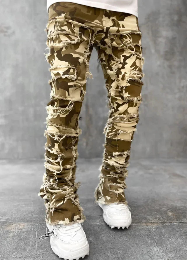 Stretchy Vintage Blue Stacked Jeans For Men Premium Raw Frayed Denim Destroyed Washed Patchworks Pants New
