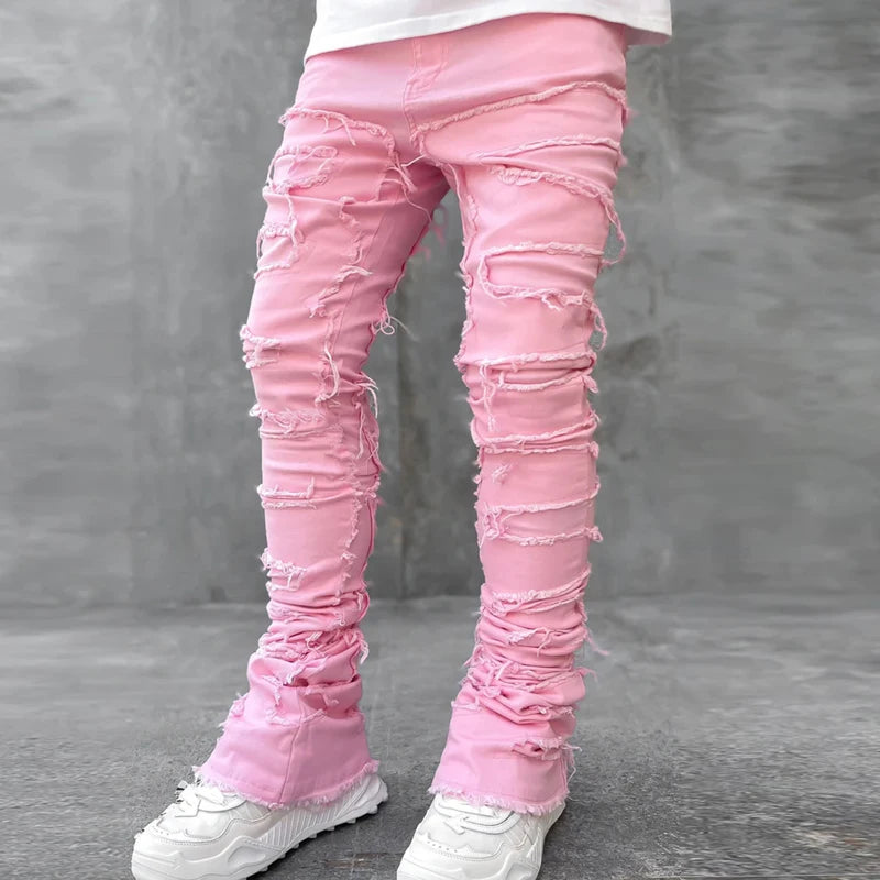 Kakan - New European and American Heavyweight Streetwise Stretch Patch Jeans for Men, High Street Straight Fit Long Jeans16-3001