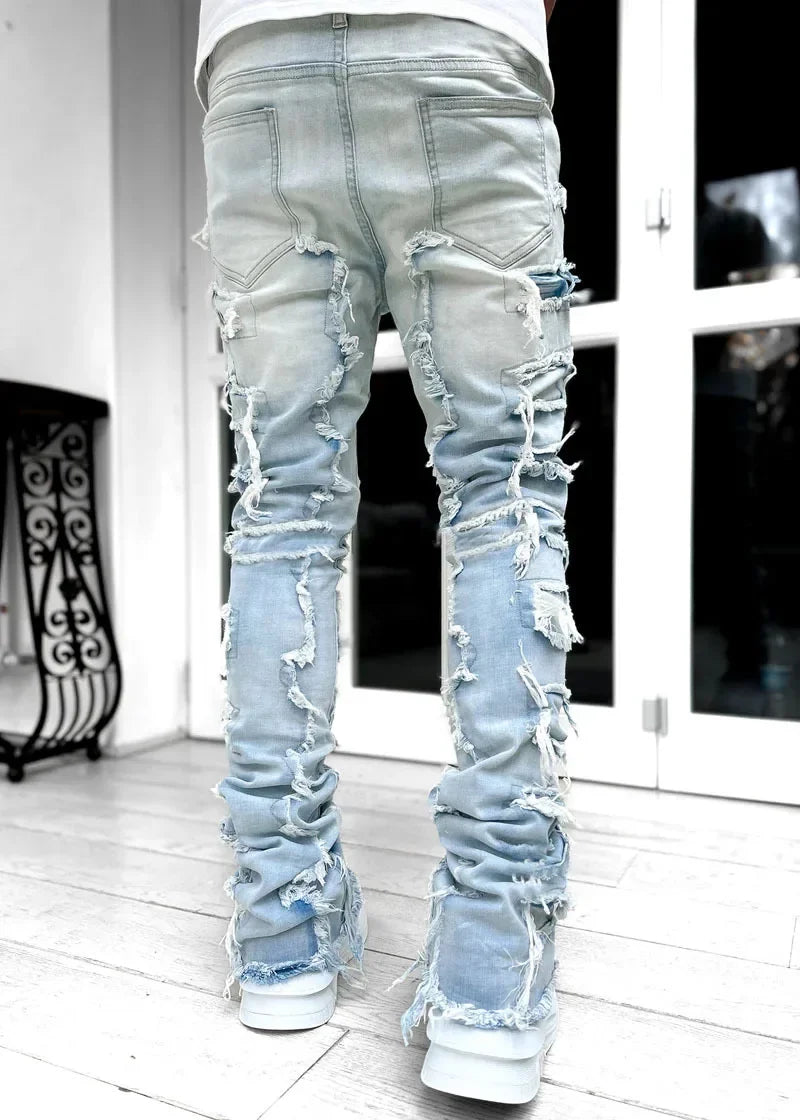 Stretchy Vintage Blue Stacked Jeans For Men Premium Raw Frayed Denim Destroyed Washed Patchworks Pants New