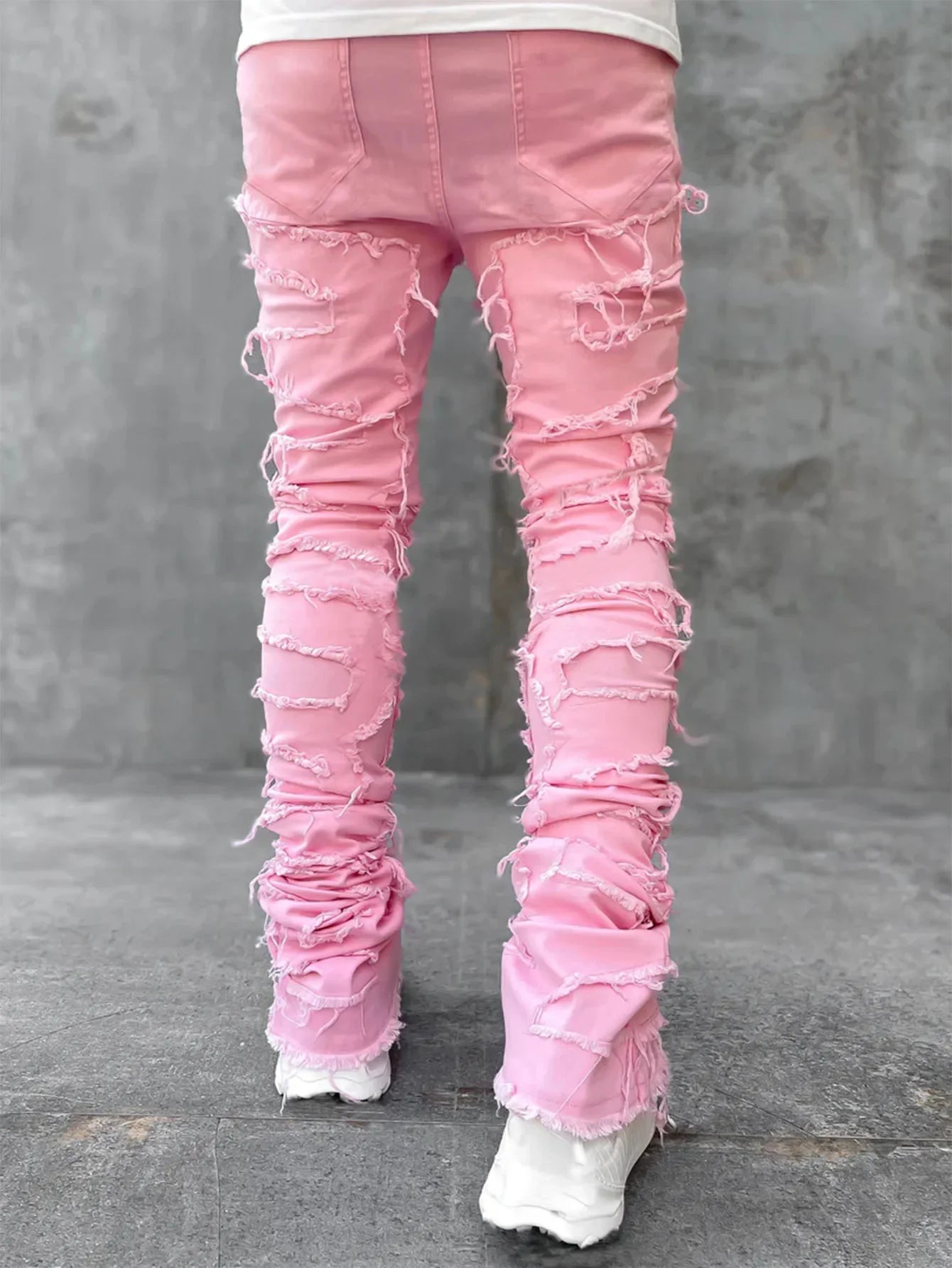 Stretchy Vintage Blue Stacked Jeans For Men Premium Raw Frayed Denim Destroyed Washed Patchworks Pants New