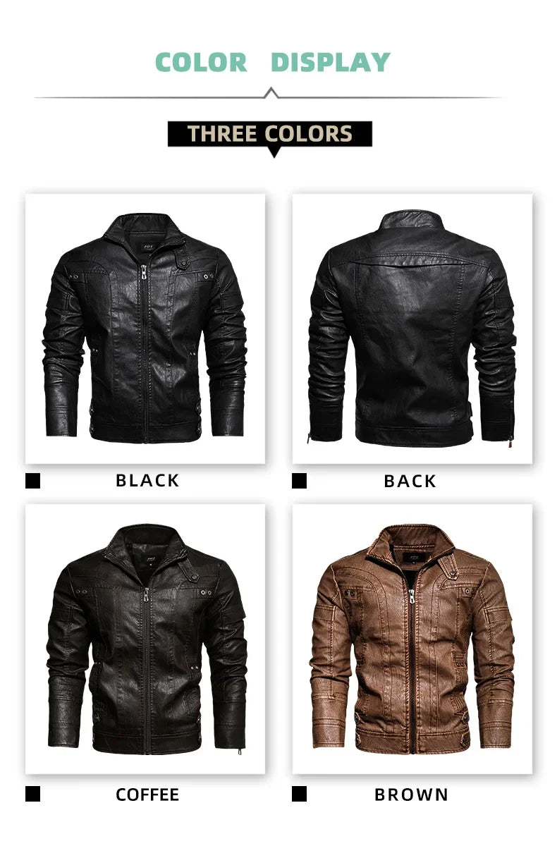 New Winter Mens Leather Jacket High Quality Standing Collar Warm Wool Lining Motorcycle Coat Male Slim Fit Retro Casual Jackets