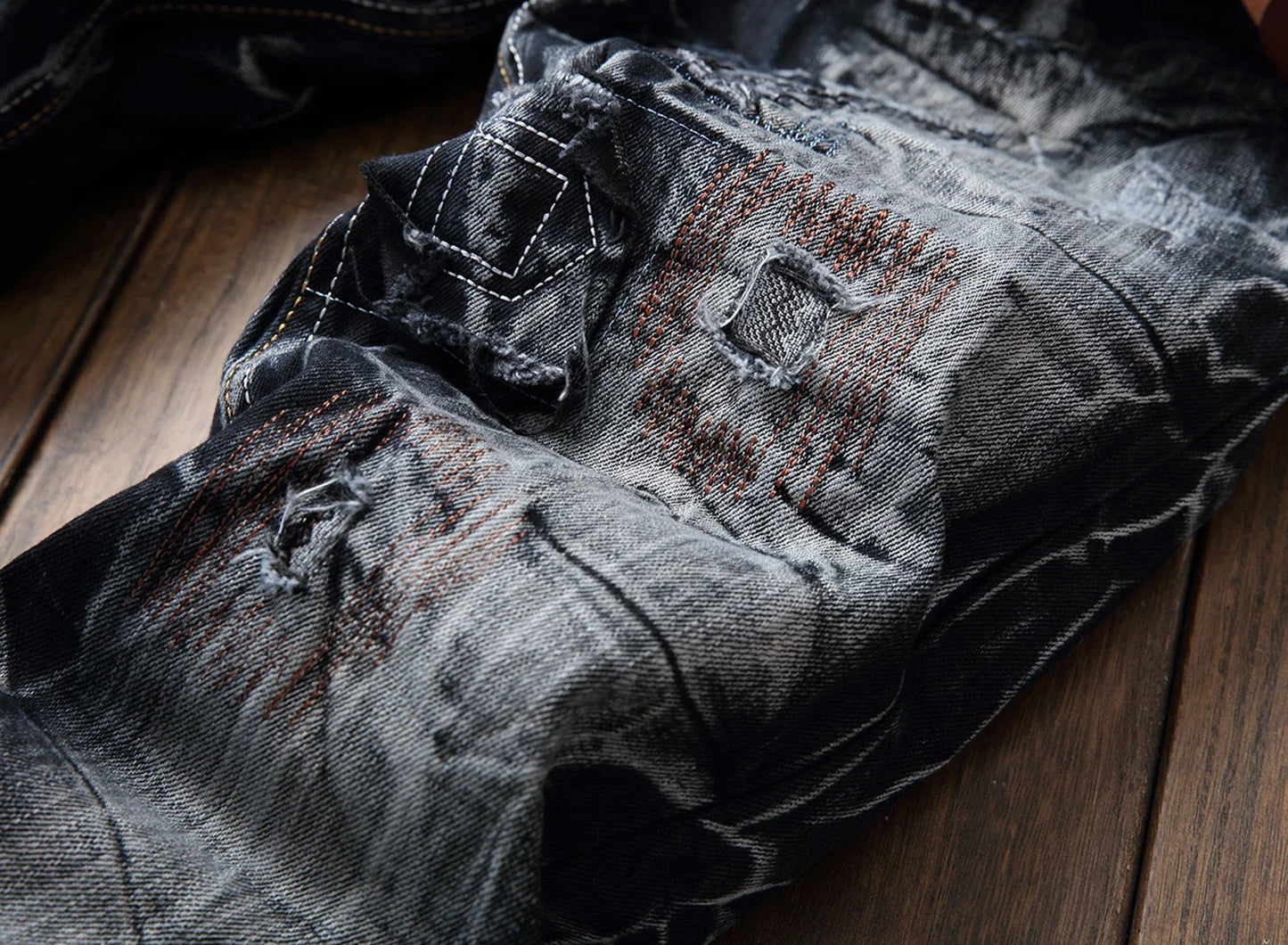 New Patchwork Ripped Casual Jeans Men's Street Wear Retro Distressed Motorcycle Slim Fit Straight Fashion Denim Trousers Male