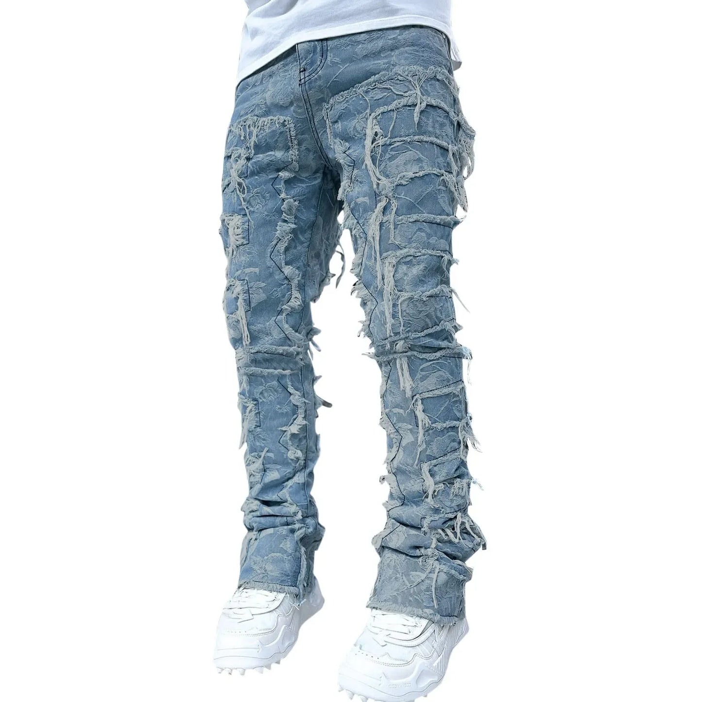 Creative Tassels Decoration Straight Fit Jeans Men Casual Medium Stretch Street Style Classic Man Straight Denim Wide-Leg Pants