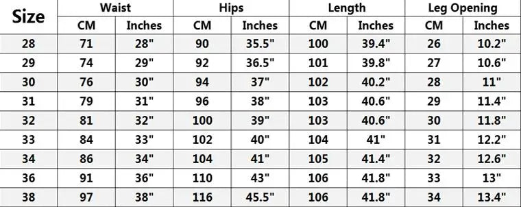 Size chart for pants with measurements in centimeters and inches.
