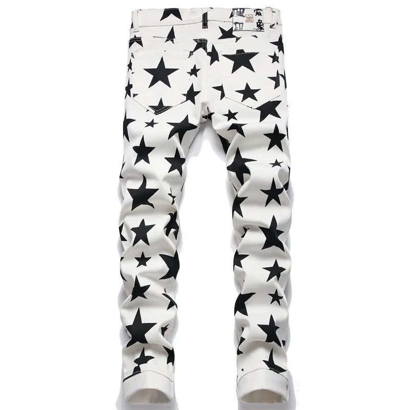 White pants with black star pattern on a white background