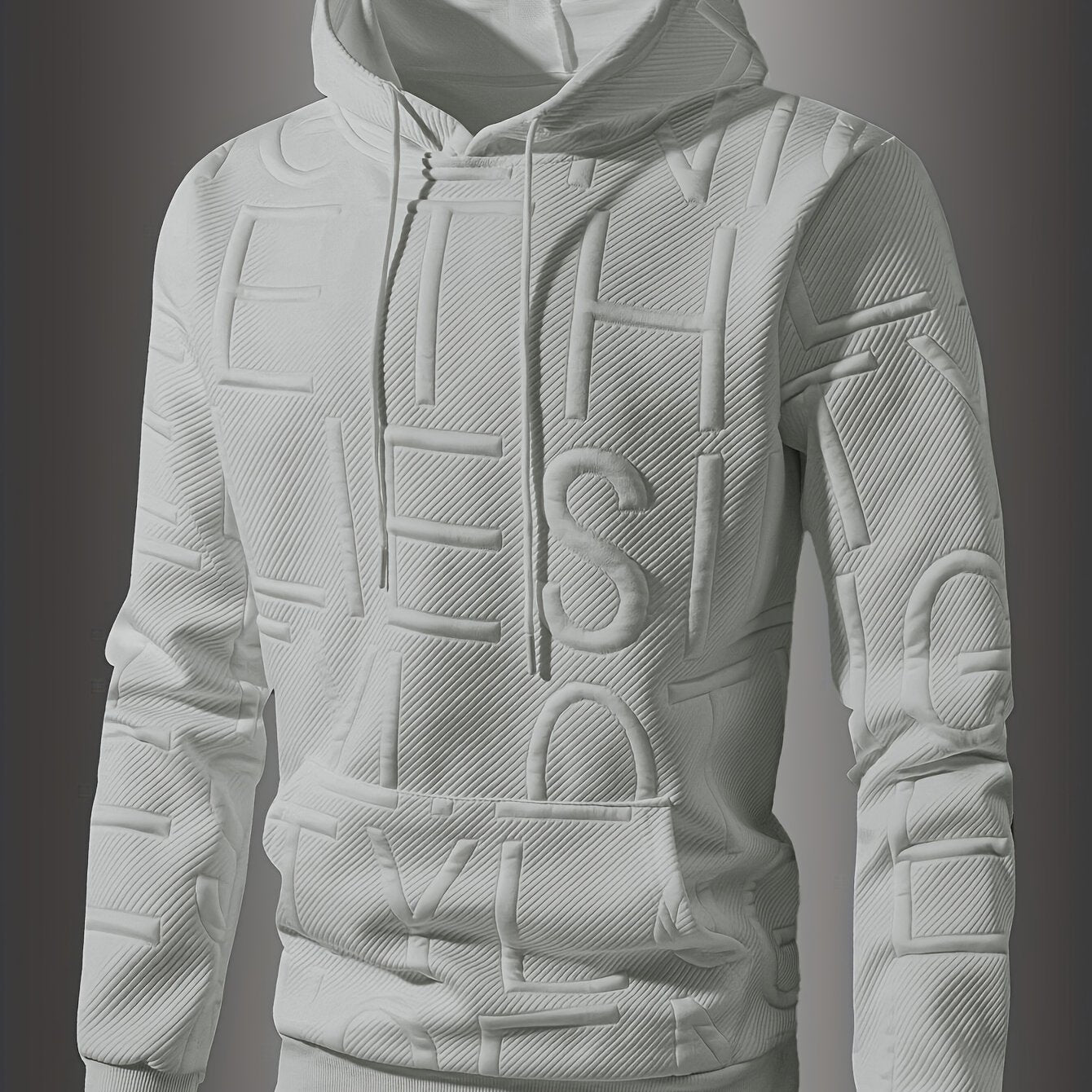 [Soft Casual Hooded Sweatshirt] Soft Polyester Blend Men's Casual Hooded Sweatshirt - Long Sleeve, Drawstring Hood with Kangaroo Pocket, Textured Letter Design, Ideal for Spring/Fall, Oversized