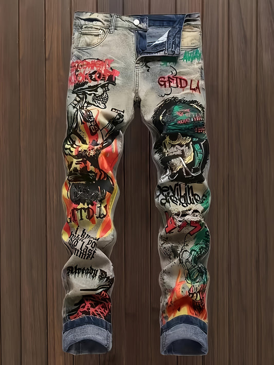HME Men's Jeans - Stretch Denim Pants with Elastic Waist, Slim Straight Leg Fit, All-Season Streetwear for Hip-Hop, Y2K Outfits, Concerts & Casual Attire - Machine Washable Urban Fashion Jeans, Hiphop Outfit, Graffiti Print,