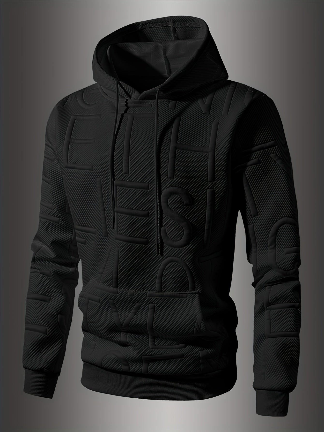 [Soft Casual Hooded Sweatshirt] Soft Polyester Blend Men's Casual Hooded Sweatshirt - Long Sleeve, Drawstring Hood with Kangaroo Pocket, Textured Letter Design, Ideal for Spring/Fall, Oversized