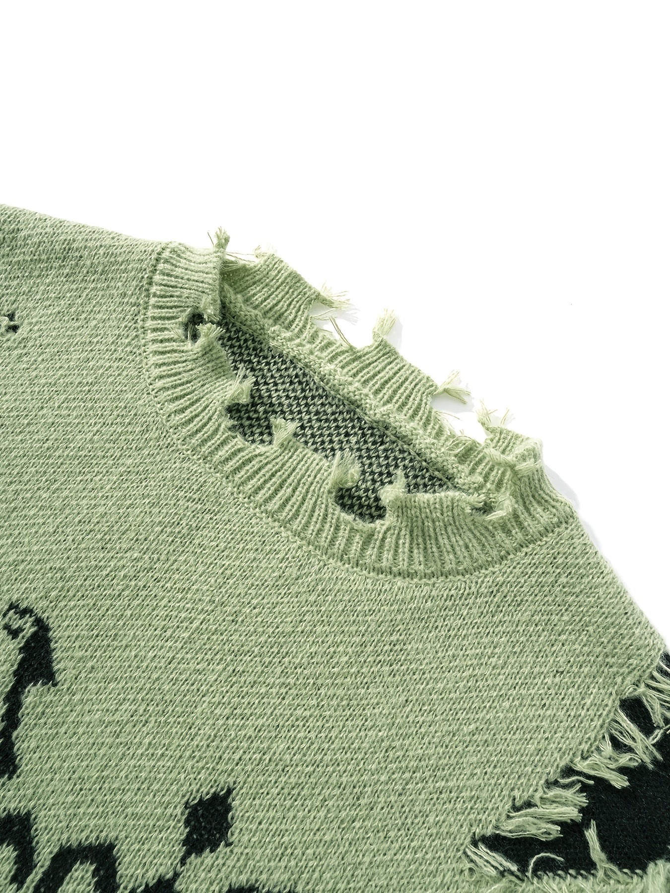 Men's Casual Streetwear Sweater - Relaxed Fit Drop Shoulder, Distressed Letter Embroidery & Ripped Details, Long Sleeve Pullover for Autumn Winter, Medium Elasticity Fabric