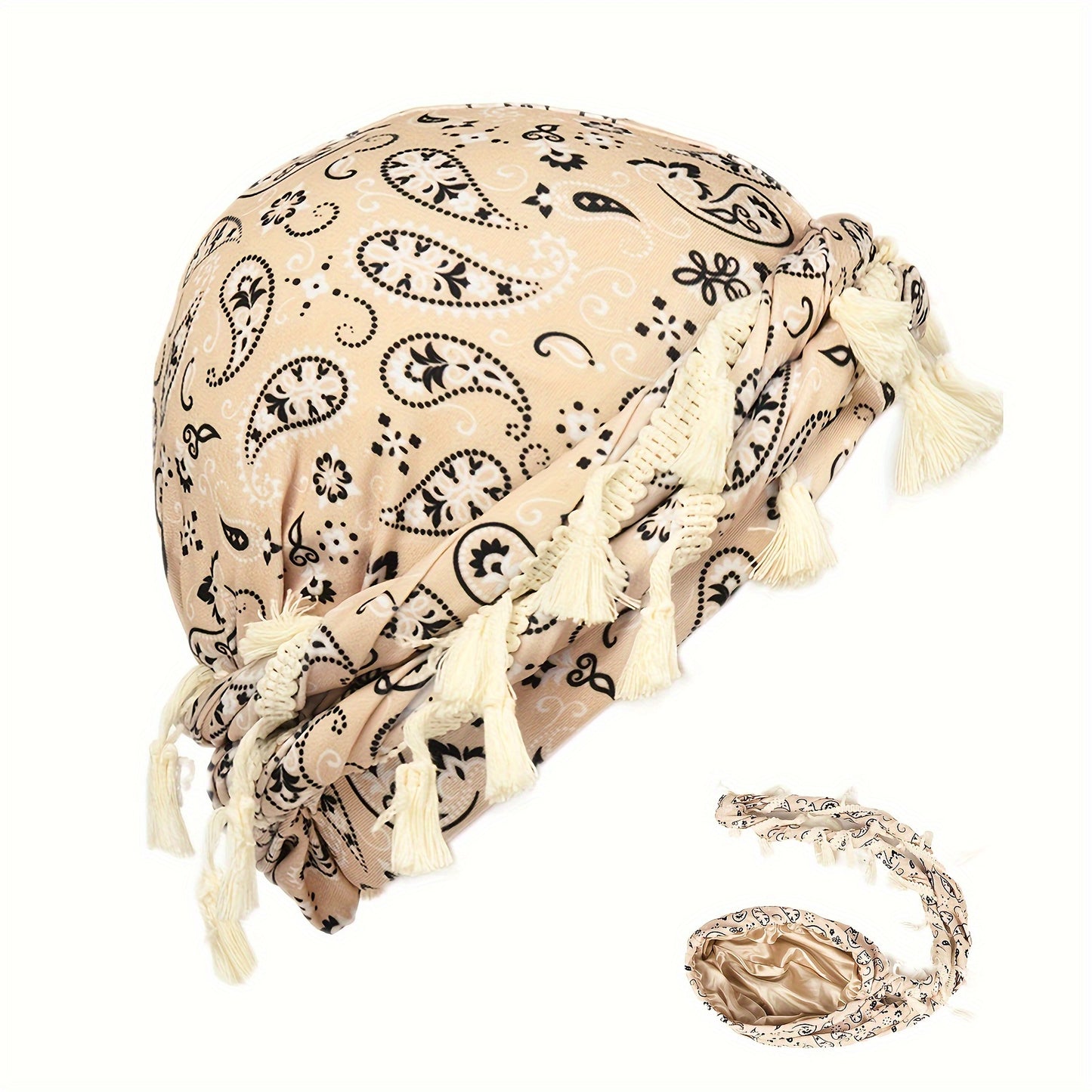 Satin-Lined Bandana Cap with Fringe Tassels