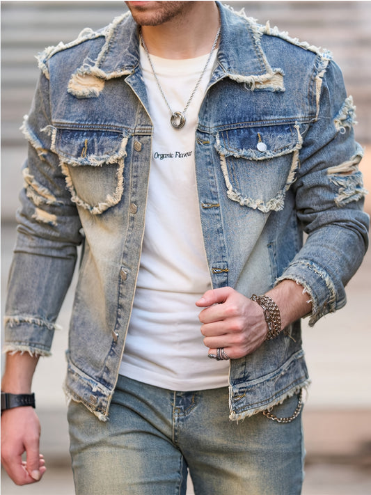 HME Men's Heavy-Duty Vintage Denim Jacket - Heavy-Washed Distressed Blue Jeans Coat with Frayed Hem & Lapel Collar, 4-Pocket Workwear Jacket, Machine Washable Non-Stretch Fabric for Casual & Formal Outfits (Retro Street Style