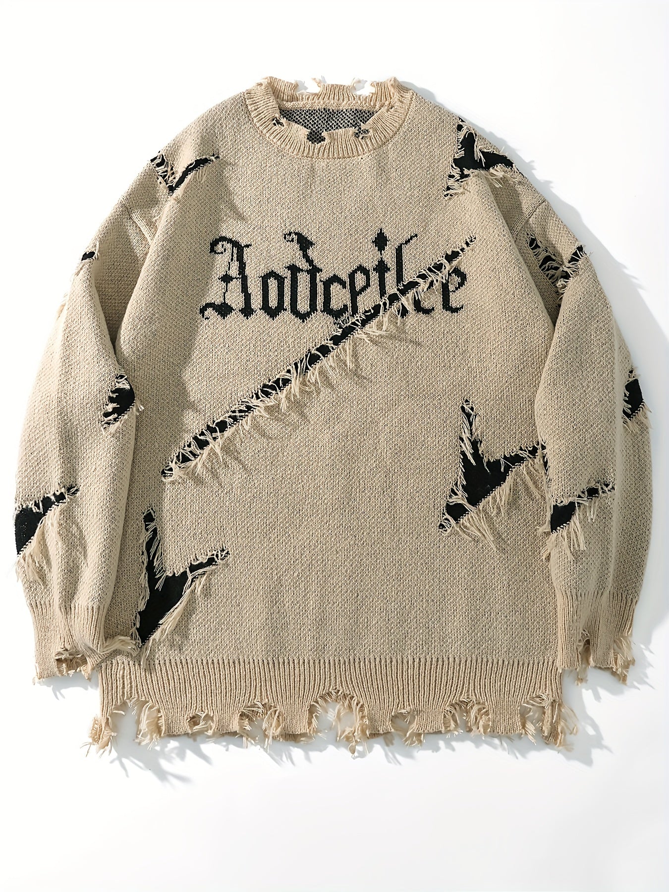 Men's Casual Streetwear Sweater - Relaxed Fit Drop Shoulder, Distressed Letter Embroidery & Ripped Details, Long Sleeve Pullover for Autumn Winter, Medium Elasticity Fabric