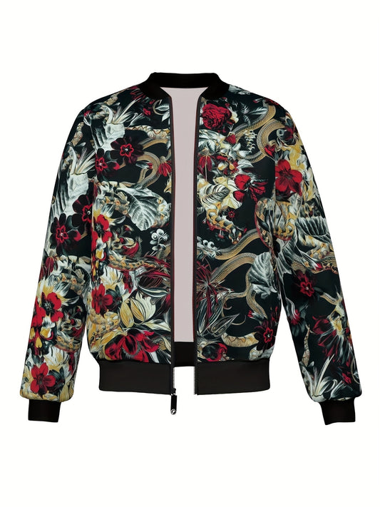 Long Sleeve Retro Style Men's Spring And Autumn Fashion Stand Collar Zip Up Sports Jacket With Flower And Leaf Pattern, Suitable For Street And Daily Wear