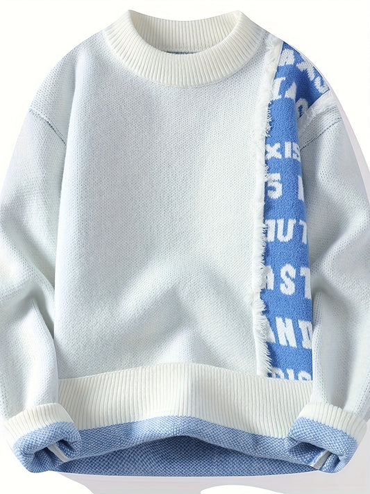 Men's Korean Style Round Neck Sweater, Youthful Fashion Patchwork Cable Knit Thickened Warm Pullover, Autumn and Winter New Color Block Casual Base Layer Shirt 711