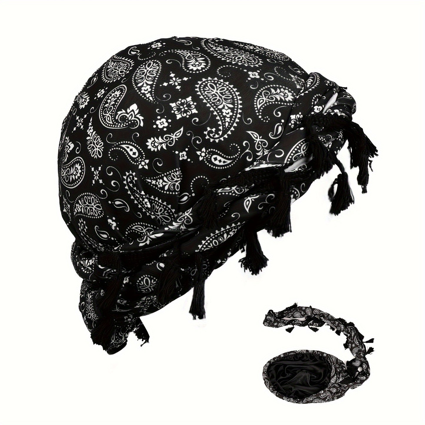 Satin-Lined Bandana Cap with Fringe Tassels
